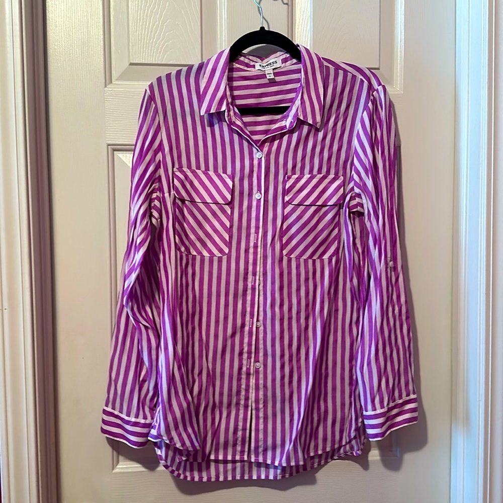 Express Purple and White Striped Button-Down Shirt